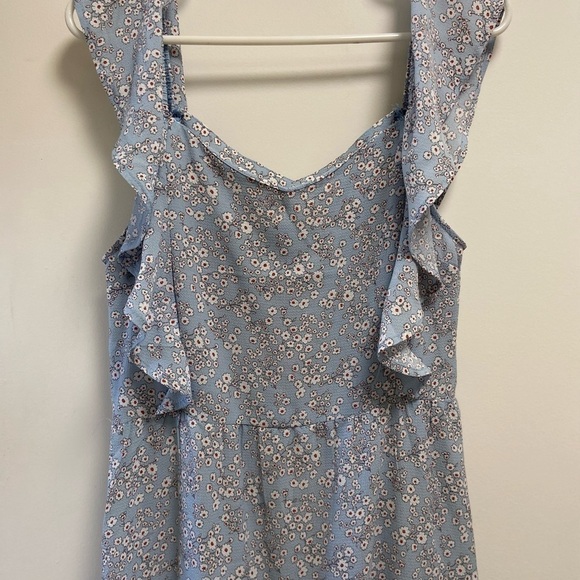 Monteau blue and cream flowered ruffle sleeved dress women's Large - Picture 9 of 9